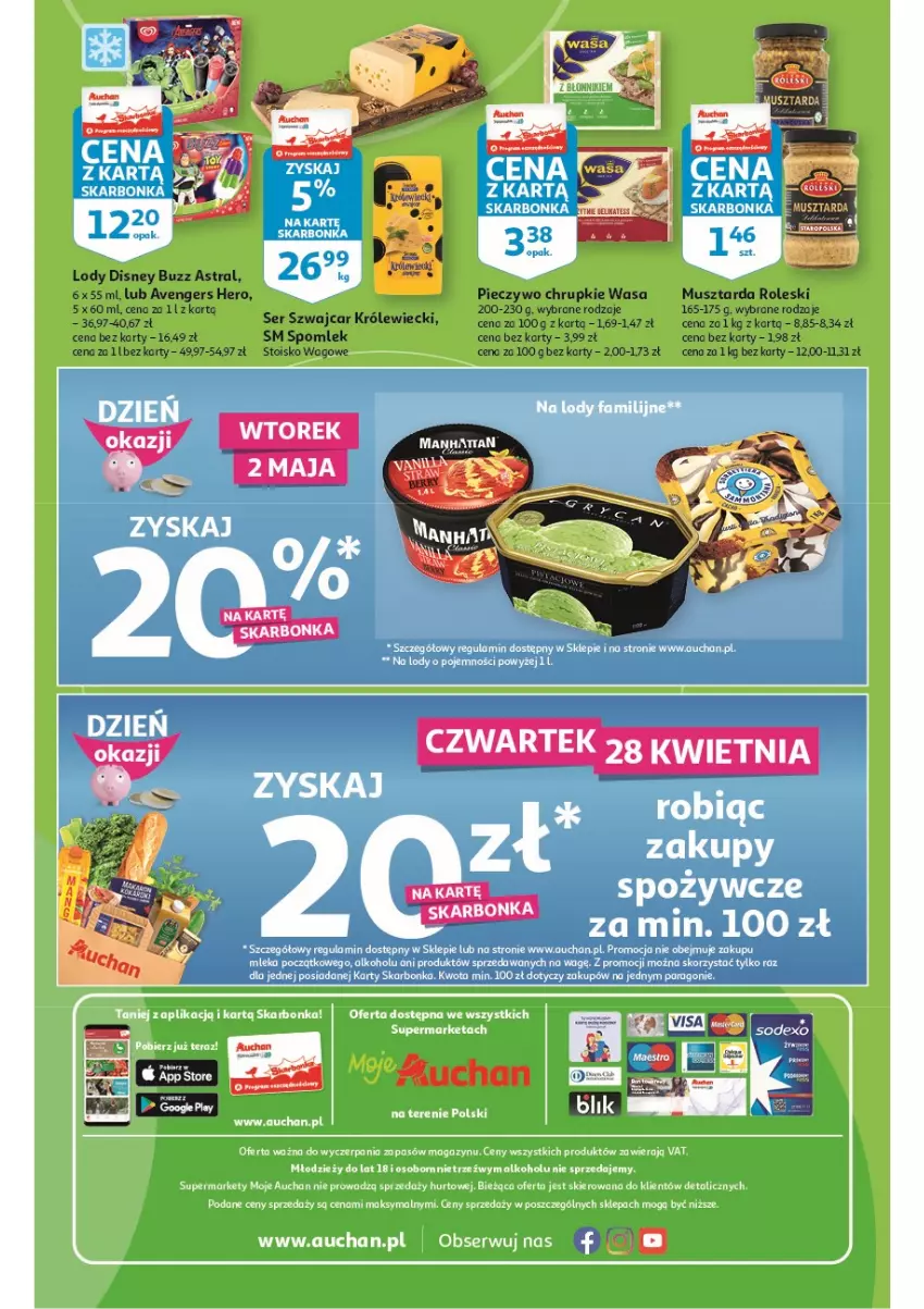 Gazetka promocyjna Auchan - Wiosenne okazje są w cenie Moje Auchan - ważna 28.04 do 04.05.2022 - strona 4 - produkty: Avengers, Chrupki, Disney, Lody, Mus, Musztarda, Piec, Pieczywo, Pieczywo chrupkie, Ser, Wasa