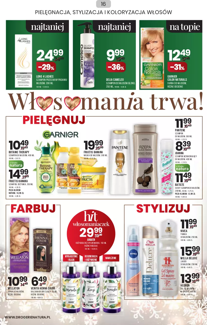 Gazetka promocyjna Drogerie Natura - Gazetka Drogerie Natura - ważna 13.01 do 26.01.2022 - strona 16 - produkty: Batiste, Eleo, Fa, Farba do włosów, Fructis, Garnier, Hegron, Joanna, Lakier, Lakier do włosów, Long 4 Lashes, Maska, Maska do włosów, Nivea, Odżywka, Pantene, Pianka do włosów, Suchy szampon, Szampon, Top, Wella