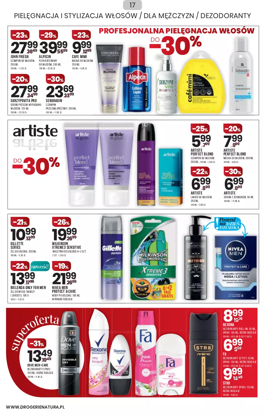 Gazetka promocyjna Drogerie Natura - Gazetka Drogerie Natura - ważna 13.01 do 26.01.2022 - strona 17 - produkty: Alpecin, Bielenda, Dezodorant, Dove, Fa, Gillette, John frieda, Lakier, Lakier do włosów, Maska, Maska do włosów, Nivea, Nivea Men, Rexona, Rum, Seboradin, Ser, Serum, Str8, Szampon