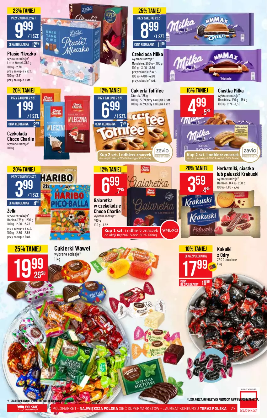 Gazetka promocyjna PoloMarket - Gazetka pomocyjna - ważna 22.09 do 28.09.2021 - strona 27 - produkty: Ciastka, Cukier, Cukierki, Czekolada, Gala, Galaretka, Haribo, Herbatniki, Krakus, Krakuski, Laur, Milka, Mleczko, Ptasie mleczko, Ręcznik, Tera, Toffifee, Wawel