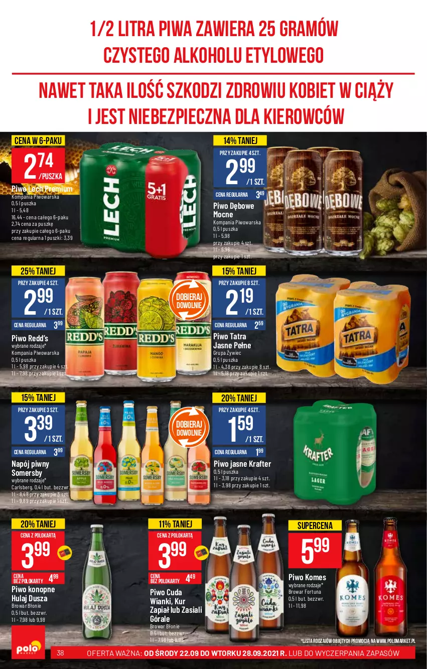 Gazetka promocyjna PoloMarket - Gazetka pomocyjna - ważna 22.09 do 28.09.2021 - strona 38 - produkty: Carlsberg, Fortuna, Gra, Lech Premium, Napój, Piec, Piwa, Piwo, Piwo jasne, Somersby, Tatra