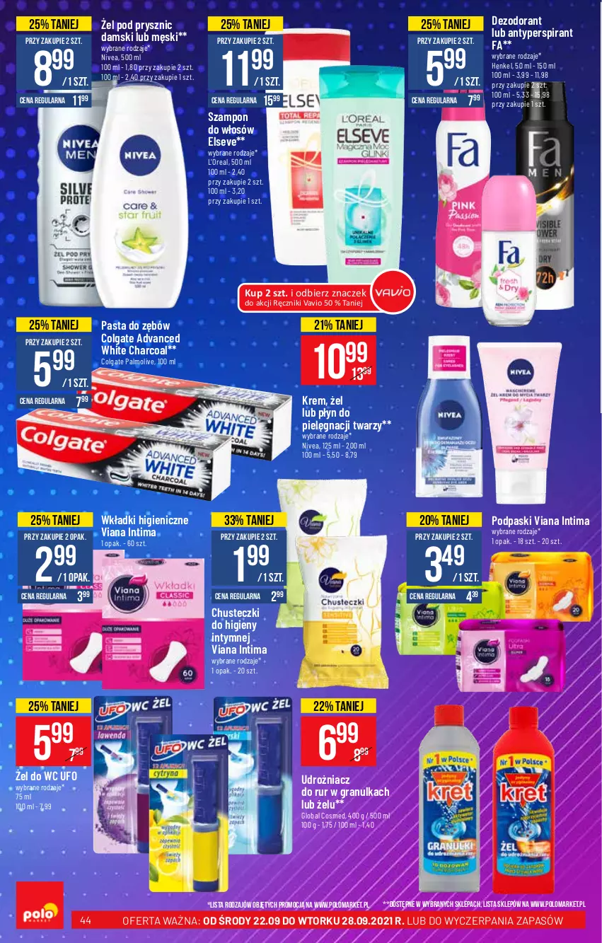 Gazetka promocyjna PoloMarket - Gazetka pomocyjna - ważna 22.09 do 28.09.2021 - strona 44 - produkty: Antyperspirant, Chusteczki, Chusteczki do higieny, Colgate, Dezodorant, Elseve, Fa, Gra, LG, Nivea, Palmolive, Pasta do zębów, Podpaski, Ręcznik, Szampon, Wkładki