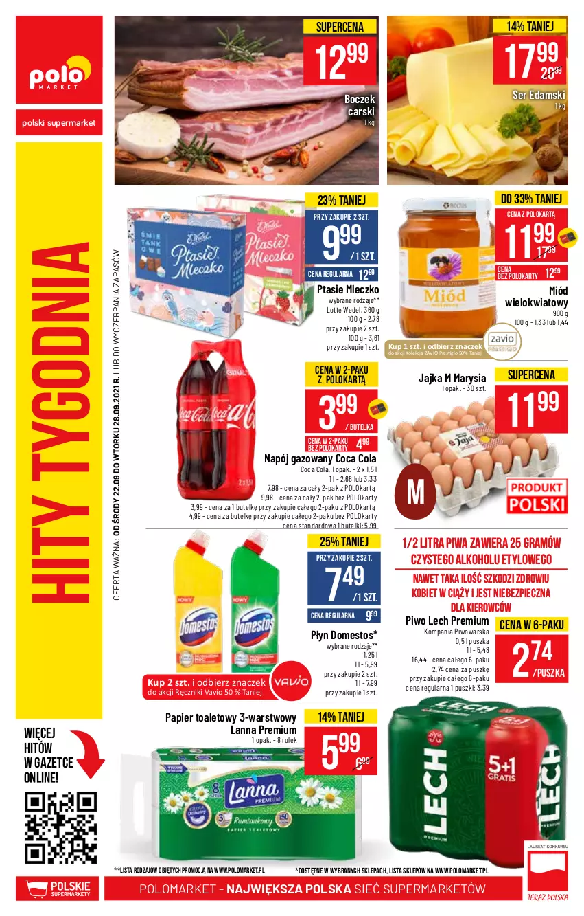 Gazetka promocyjna PoloMarket - Gazetka pomocyjna - ważna 22.09 do 28.09.2021 - strona 58 - produkty: Boczek, Cars, Domestos, Edam, Gra, Lech Premium, Miód, Mleczko, Napój, Napój gazowany, Papier, Papier toaletowy, Piec, Piwa, Piwo, Ptasie mleczko, Ręcznik, Ser