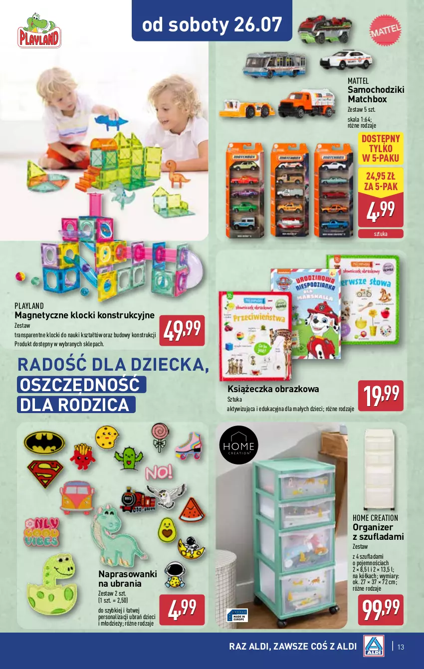 Gazetka promocyjna Aldi - Artykuły przemysłowe i tekstylia - ważna 23.07 do 26.07.2025 - strona 13 - produkty: Chodzik, Dzieci, Klocki, Mattel, Obraz, Organizer, Samochodziki, Tran, Ubrania