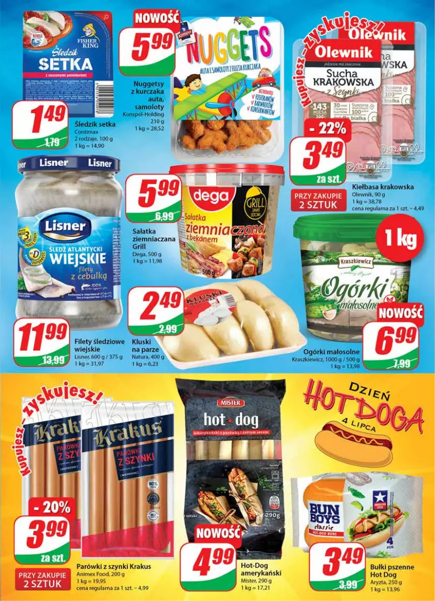 Gazetka promocyjna Dino - Gazetka - ważna 30.06 do 06.07.2021 - strona 13 - produkty: Amol, Dega, Grill, Hot dog, Kiełbasa, Kiełbasa krakowska, Krakus, Kurczak, Lisner, Olewnik, Parówki, Parówki z szynki, Sałat, Sałatka, Samolot, Ser