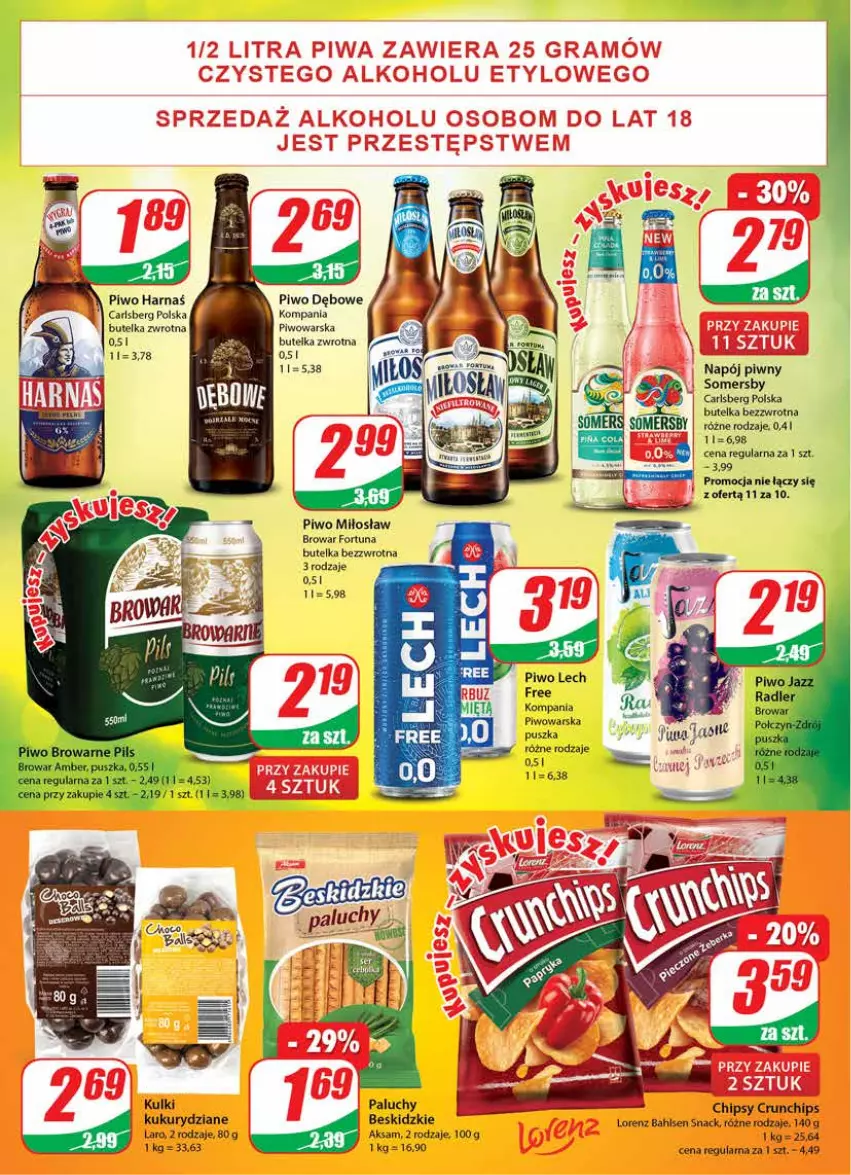 Gazetka promocyjna Dino - Gazetka - ważna 30.06 do 06.07.2021 - strona 14 - produkty: Aksam, Beskidzki, Carlsberg, Chipsy, Crunchips, Fortuna, Harnaś, Lorenz, Napój, Piwo, Somersby