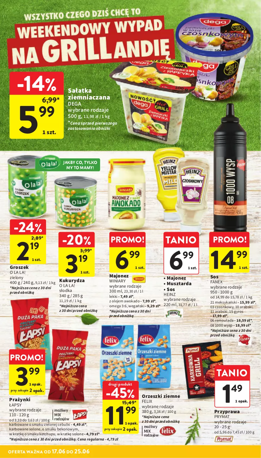 Gazetka promocyjna Intermarche - Gazetka promocyjna - ważna 17.06 do 25.06.2025 - strona 18 - produkty: Beko, Dega, Fa, Felix, Groszek, Gyros, Heinz, Ketchup, Kukurydza, Majonez, Mus, Musztarda, Olej, Orzeszki, Orzeszki ziemne, Prymat, Sałat, Sałatka, Sos, Winiary