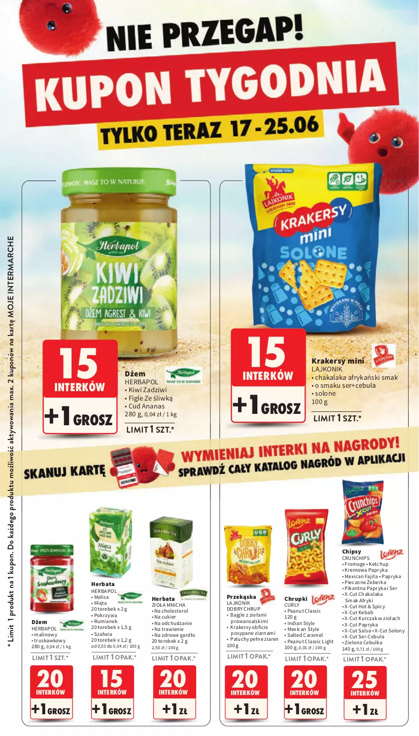 Gazetka promocyjna Intermarche - Gazetka promocyjna - ważna 17.06 do 25.06.2025 - strona 2 - produkty: Ananas, Bajgle, Cebula, Chipsy, Chrupki, Crunchips, Cukier, Dżem, Fa, Herbapol, Herbata, Kebab, Ketchup, Kiwi, Krakersy, Kurczak, Lajkonik, Mięta, Papryka, Piec, Rum, Salsa, Ser