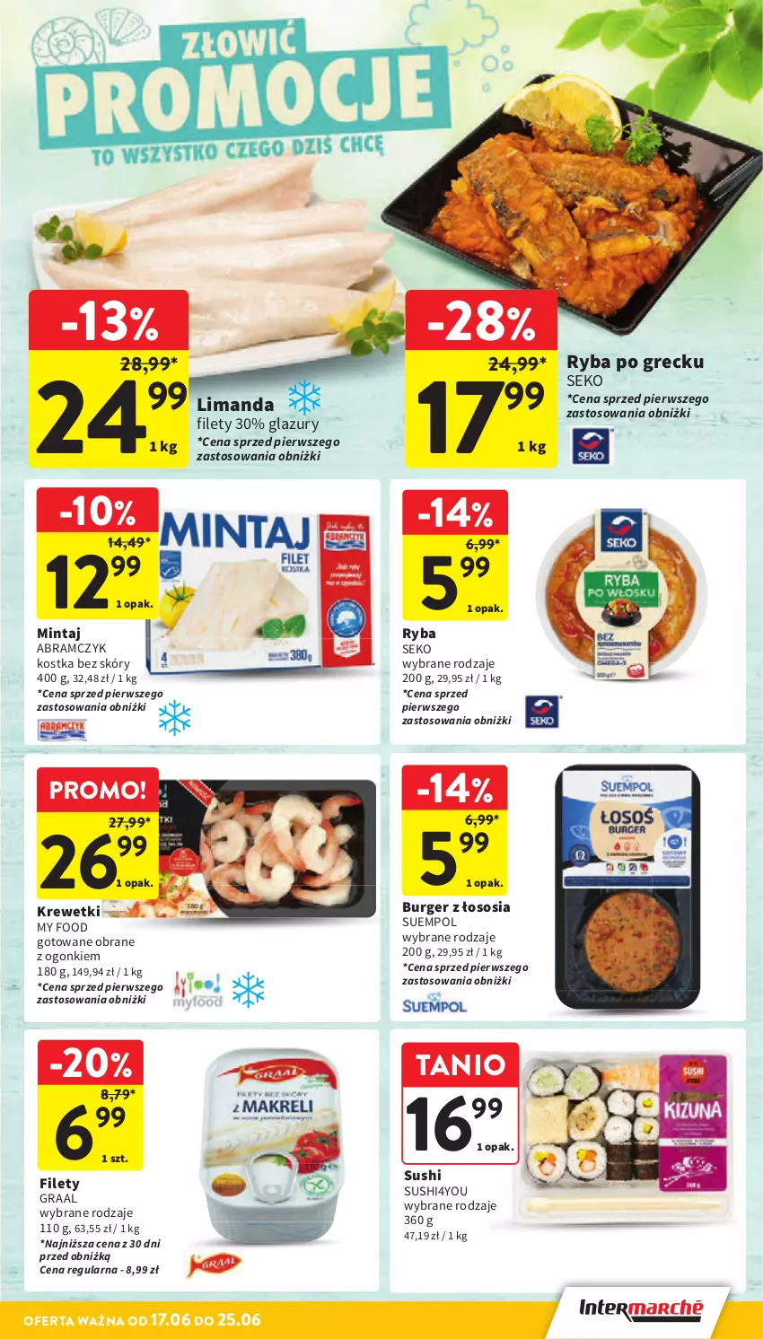 Gazetka promocyjna Intermarche - Gazetka promocyjna - ważna 17.06 do 25.06.2025 - strona 27 - produkty: Gra, Graal, Krewetki, Lazur, Mintaj, Ryba, Ryba po grecku, SEKO, Sos, Suempol, Sushi