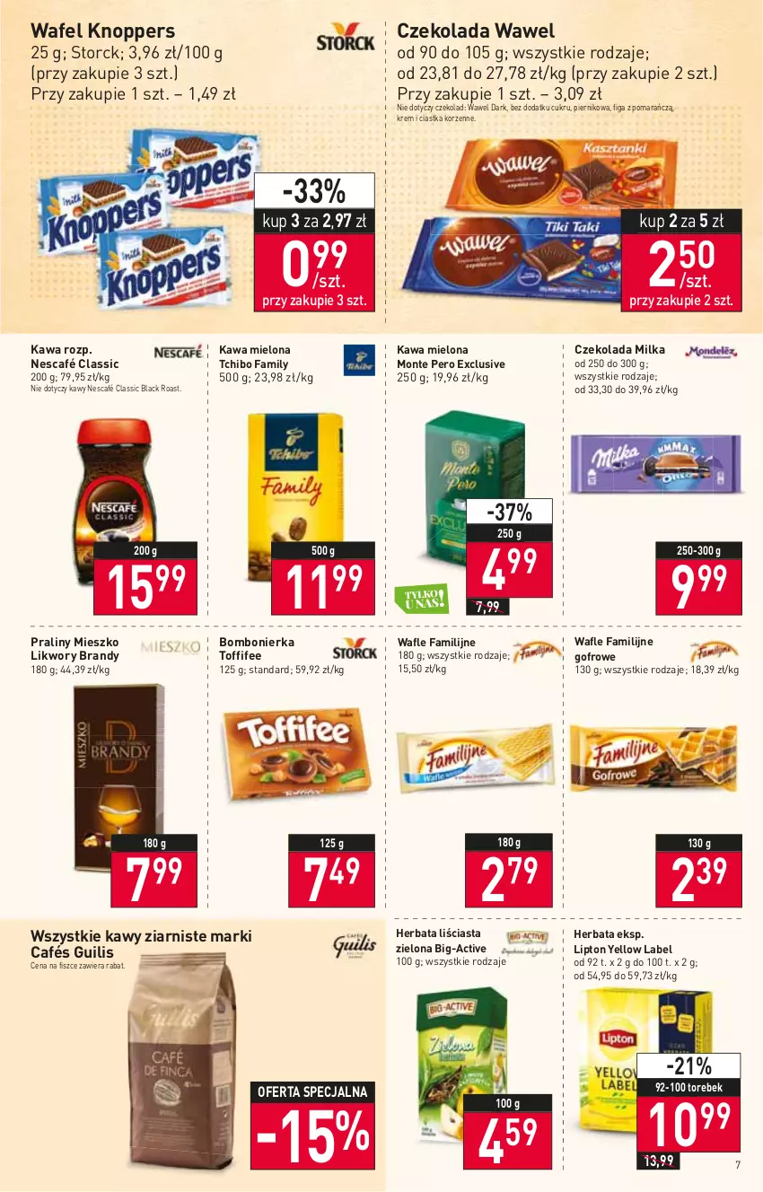 Gazetka promocyjna Stokrotka - Market - ważna 13.01 do 19.01.2022 - strona 7 - produkty: Brandy, Ciastka, Czekolada, Fa, Herbata, Kawa, Kawa mielona, Knoppers, Lack, Lipton, Milka, Monte, Nescafé, Piernik, Praliny, Tchibo, Tchibo Family, Toffifee, Wafle, Wawel