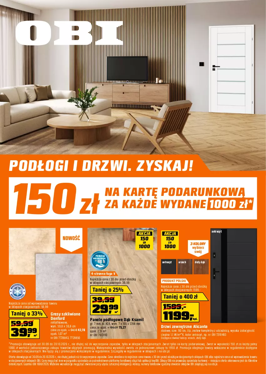 Gazetka promocyjna Obi - Gazetka OBI - ważna 30.09 do 20.10.2026 - strona 1 - produkty: Dres, Drzwi, Drzwi zewnętrzne, Gres, Intel, Por, Sok, Telefon