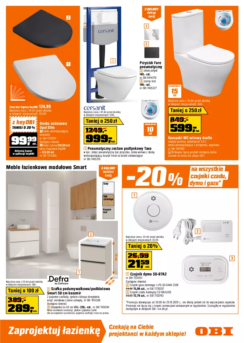 Gazetka promocyjna Obi - Gazetka OBI - ważna 30.09 do 20.10.2026 - strona 5 - produkty: Bateria, Bateria prysznicowa, Bateria umywalkowa, Bateria wannowa, Brodzik, Deska sedesowa, Deska wolnoopadająca, Fa, Grzejnik, Grzejnik łazienkowy, Kabina prysznicowa, Kompakt WC, Kosz, Meble, Meble łazienkowe, Miska, Sok, Szafka, Termos, Top, Tran, Uchwyty, Umywalka