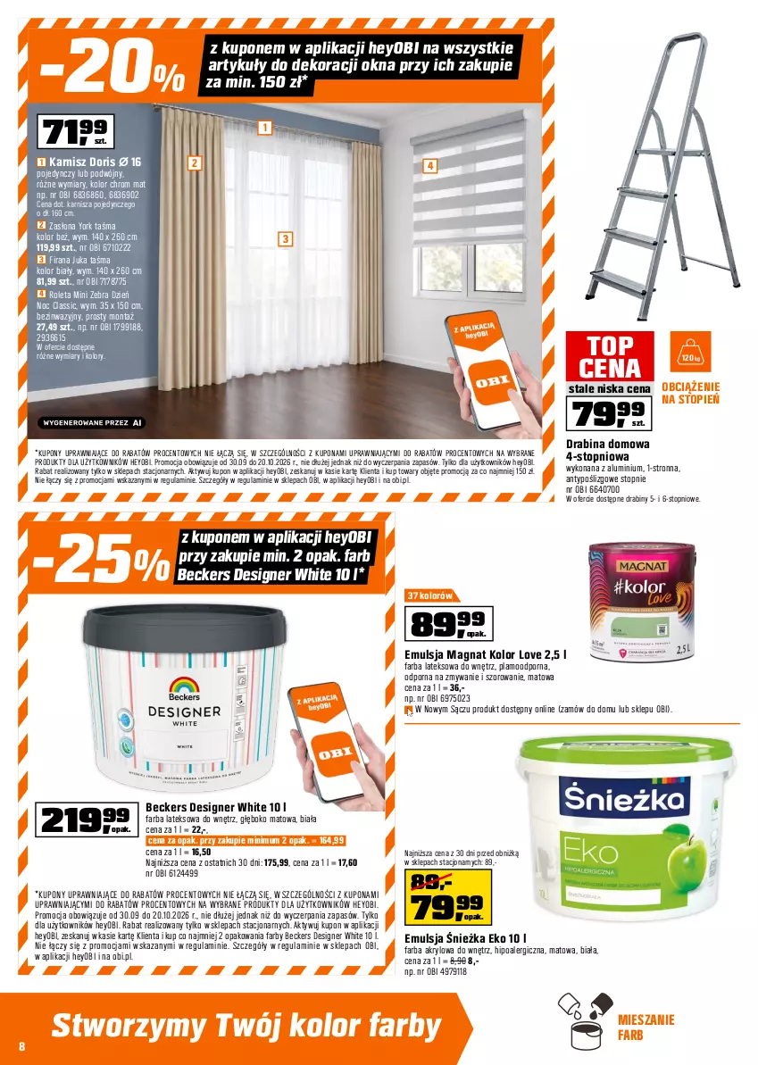 Gazetka promocyjna Obi - Gazetka OBI - ważna 30.09 do 20.10.2026 - strona 8 - produkty: Beckers, Drabina, Emulsja, Fa, Farba akrylowa, Farba lateksowa, Firana, Karnisz, Mop, Por, Rama, Roleta, Ser, Telefon, Top, Wełna, Wylewka samopoziomująca, Zasłona, Znicz