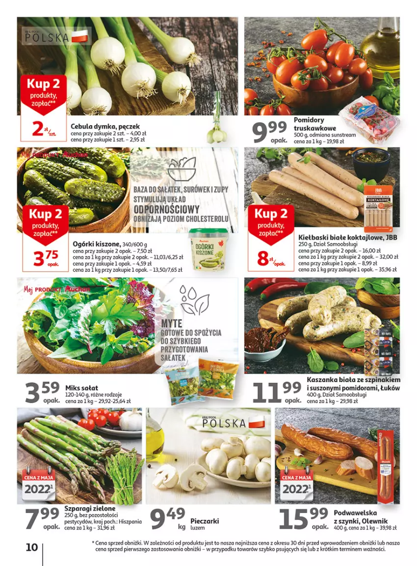 Gazetka promocyjna Auchan - Gazetka Wielkie majowe odkrycia cenowe Hipermarket Auchan - ważna 27.04 do 02.05.2023 - strona 10 - produkty: Cebula, Kasza, Kaszanka, Kiełbaski białe, O nas, Olewnik, Piec, Pomidory, Por, Sałat, Szpinak, Wawel