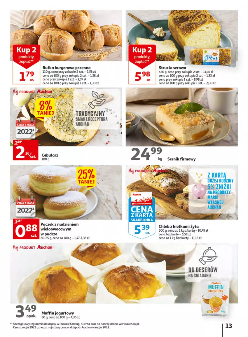 Gazetka promocyjna Auchan - Gazetka Wielkie majowe odkrycia cenowe Hipermarket Auchan - ważna 27.04 do 02.05.2023 - strona 13 - produkty: Bułka, Burger, Cebula, Chleb, Deser, Jogurt, Ser, Strucla
