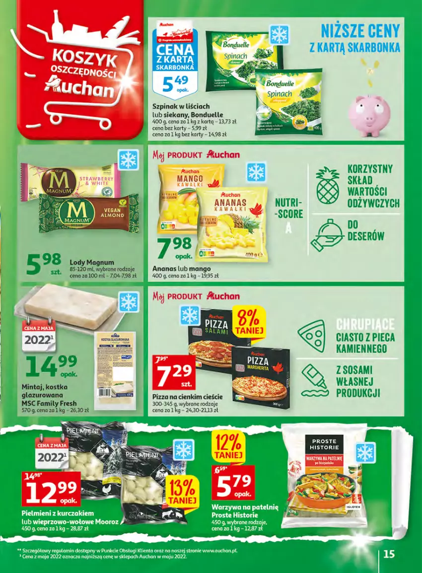 Gazetka promocyjna Auchan - Gazetka Wielkie majowe odkrycia cenowe Hipermarket Auchan - ważna 27.04 do 02.05.2023 - strona 15 - produkty: Ananas, Bonduelle, Fa, Kawa, Lazur, Lody, Mango, Mintaj, Pizza, Ser, Szpinak