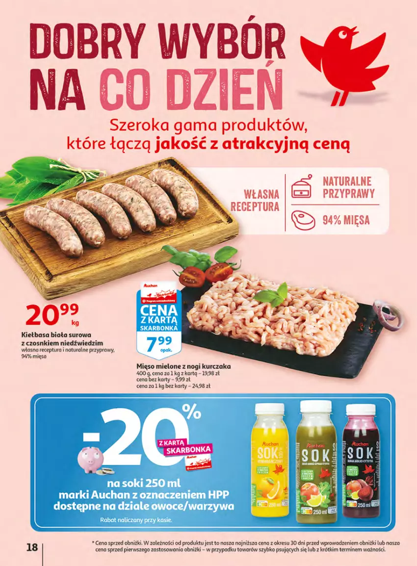 Gazetka promocyjna Auchan - Gazetka Wielkie majowe odkrycia cenowe Hipermarket Auchan - ważna 27.04 do 02.05.2023 - strona 18 - produkty: HP, Kiełbasa, Kiełbasa biała, Kurczak, Mięso, Mięso mielone, O nas, Owoce, Przyprawy, Sok, Warzywa