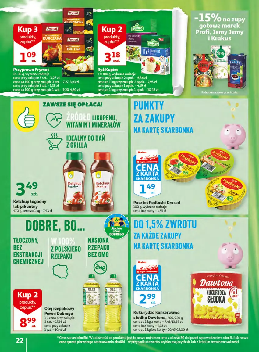 Gazetka promocyjna Auchan - Gazetka Wielkie majowe odkrycia cenowe Hipermarket Auchan - ważna 27.04 do 02.05.2023 - strona 22 - produkty: Dawtona, Ketchup, Kukurydza, Kukurydza konserwowa, Olej, Olej rzepakowy, Pasztet, Podlaski, Ser