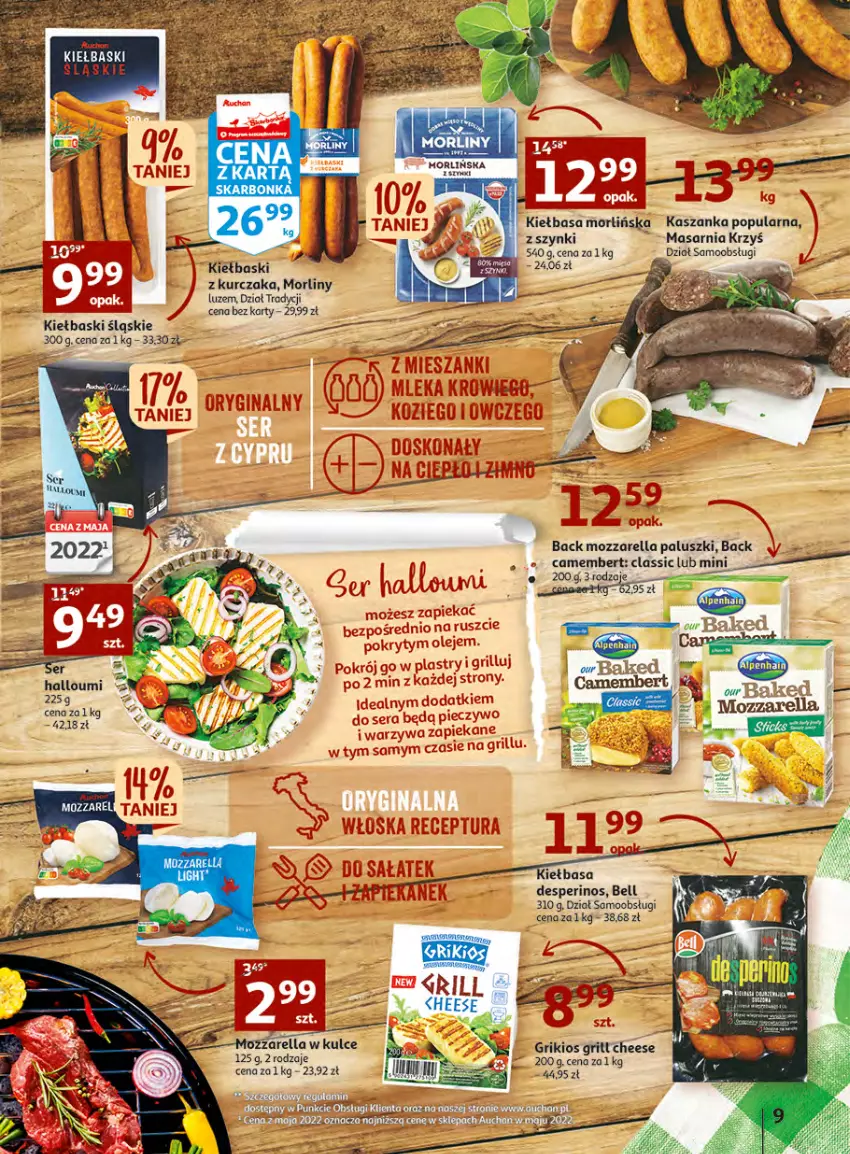 Gazetka promocyjna Auchan - Gazetka Wielkie majowe odkrycia cenowe Hipermarket Auchan - ważna 27.04 do 02.05.2023 - strona 9 - produkty: Bell, Camembert, Grill, Kasza, Kaszanka, Kiełbasa, Kiełbaski śląskie, Kurczak, Morliny, Mozzarella