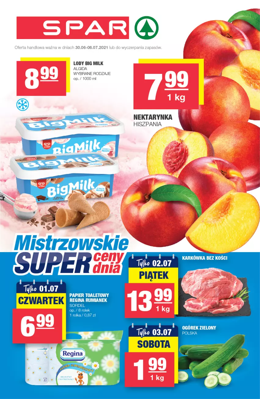 Gazetka promocyjna Spar - Eurospar - ważna 30.06 do 06.07.2021 - strona 1 - produkty: Algida, Big Milk, LG, Lody, Nektar, Nektarynka, Papier, Papier toaletowy