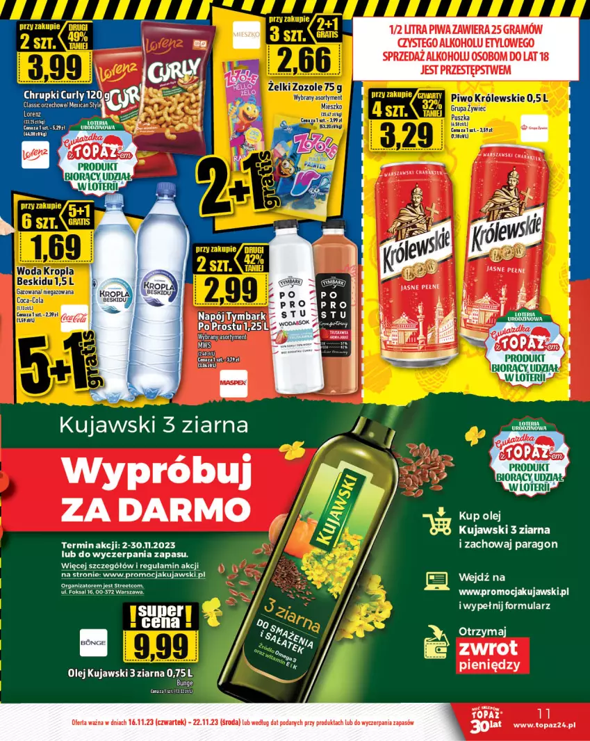 Gazetka promocyjna Topaz - Gazetka - ważna 16.11 do 22.11.2023 - strona 11 - produkty: Gra, Kujawski, Olej, Piwa, Top