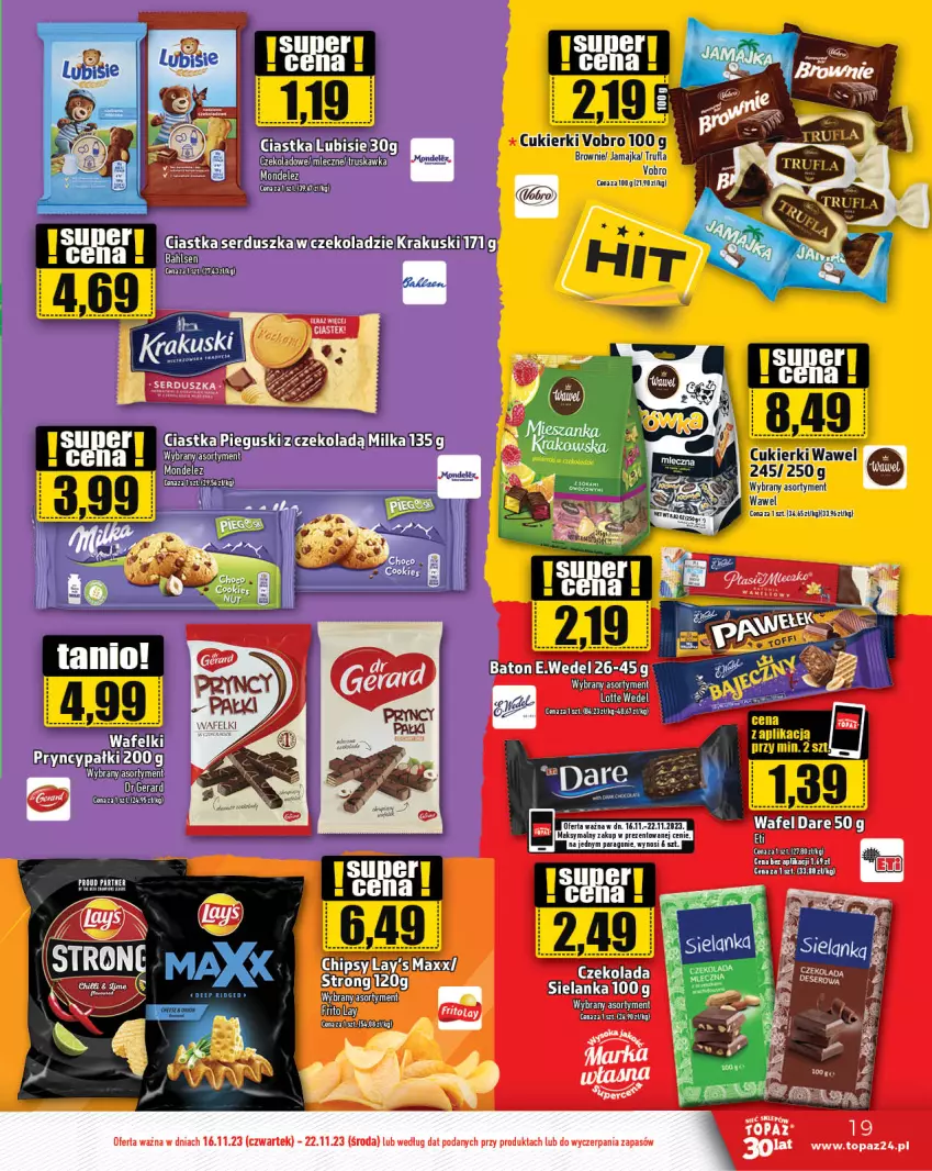 Gazetka promocyjna Topaz - Gazetka - ważna 16.11 do 22.11.2023 - strona 19 - produkty: Baton, Brownie, Ciastka, Cukier, Cukierki, Krakus, Krakuski, Lubisie, Milka, Mop, Ser, Top, Wawel