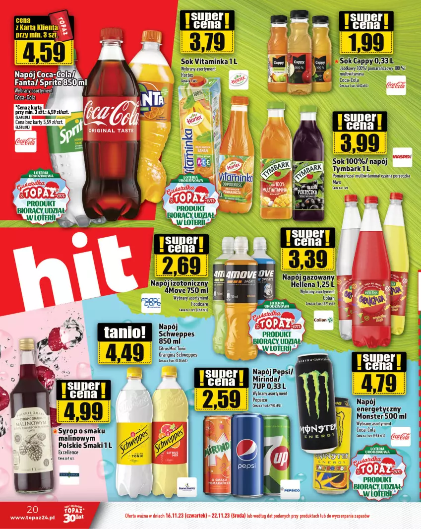 Gazetka promocyjna Topaz - Gazetka - ważna 16.11 do 22.11.2023 - strona 20 - produkty: Coca-Cola, Inka, Napój, Por, Sok, Syrop, Tymbark