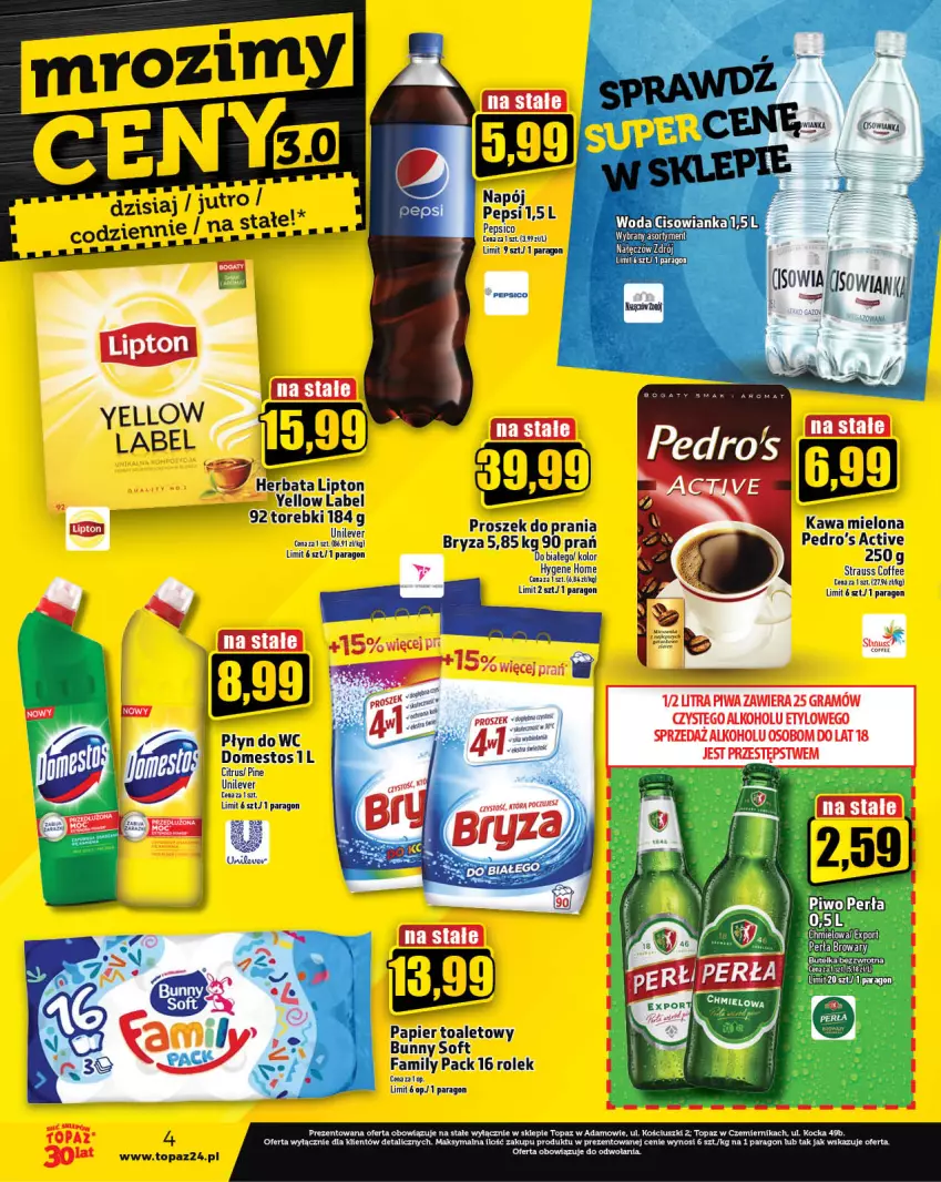 Gazetka promocyjna Topaz - Gazetka - ważna 16.11 do 22.11.2023 - strona 4 - produkty: Bryza, Domestos, Edam, Fa, Gra, Kawa, Kawa mielona, Koc, Lipton, Napój, Papier, Papier toaletowy, Pepsi, Perła, Piwa, Piwo, Płyn do wc, Por, Proszek do prania, Top