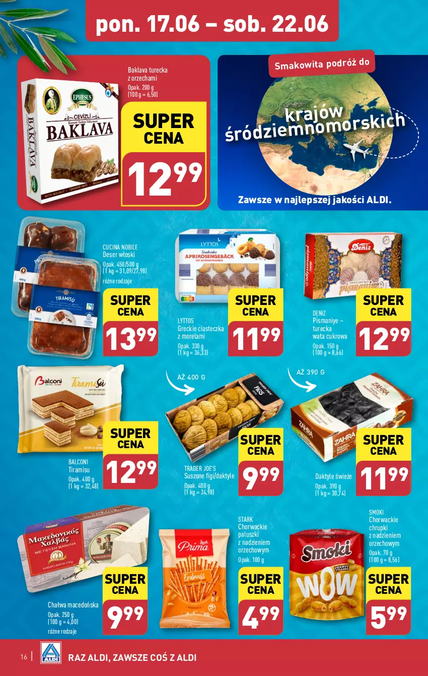 Gazetka promocyjna Aldi - Pełna oferta - ważna 17.06 do 22.06.2024 - strona 16 - produkty: Alcon, Chałwa, Chrupki, Daktyle, Deser, Figi, Morela, Ser, Smakowita, Wata cukrowa