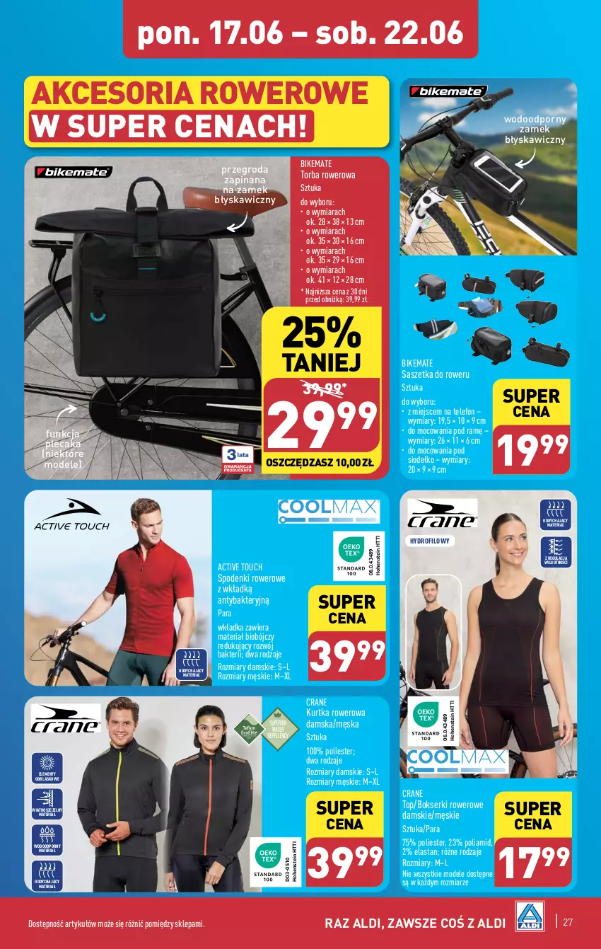 Gazetka promocyjna Aldi - Pełna oferta - ważna 17.06 do 22.06.2024 - strona 27 - produkty: Bokserki, Kurtka, LG, Plecak, Por, Rower, Ser, Telefon, Top, Torba