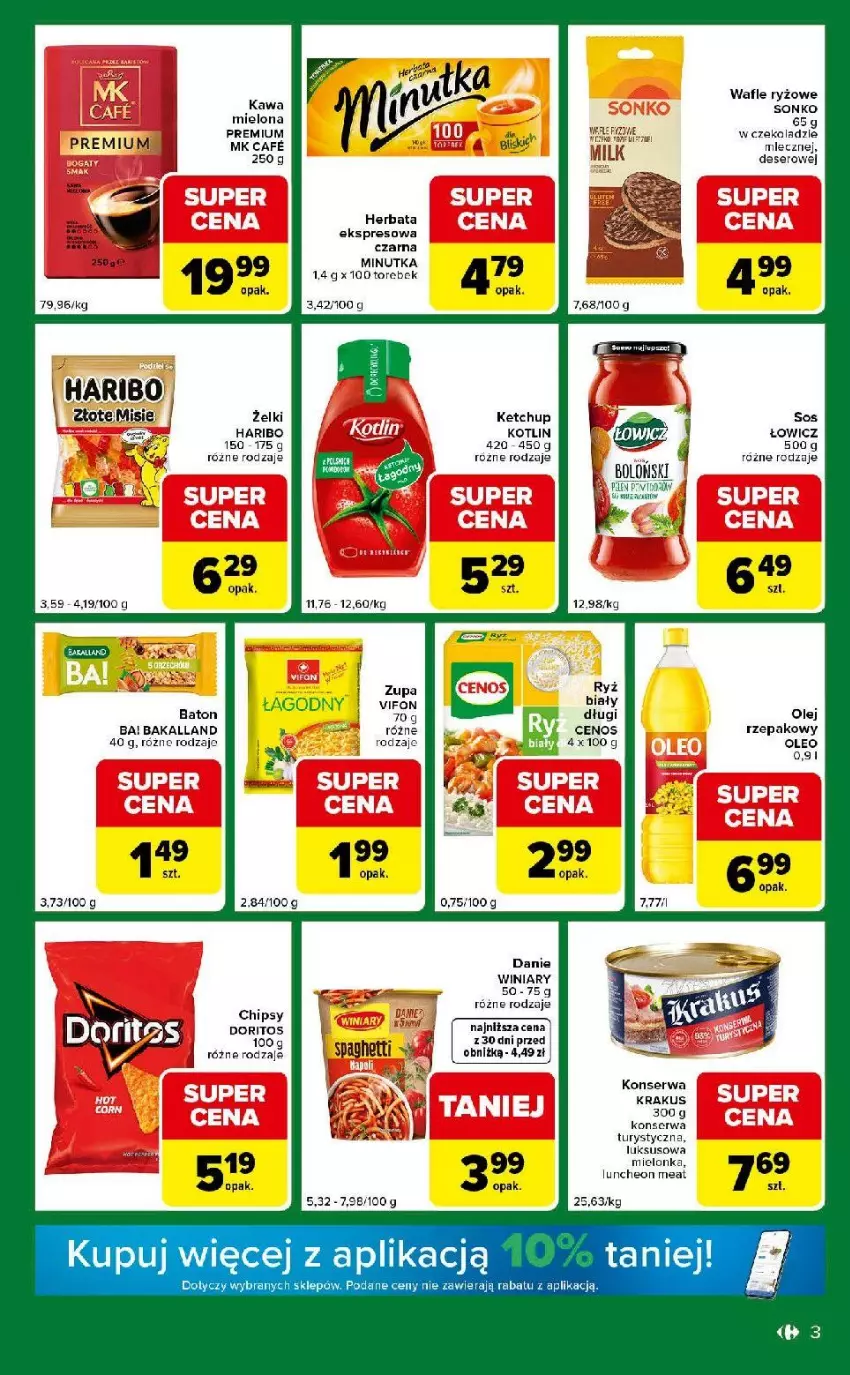 Gazetka promocyjna Carrefour - Gazetka Express - ważna 12.05 do 18.05.2026 - strona 3 - produkty: Ba!, Bakalland, Cenos, Deser, Haribo, Herbata, Kawa, Kawa mielona, Konserwa turystyczna, Kotlin, Krakus, Olej, Olej rzepakowy, Oleo, Ryż, Ryż biały, Ser, Sonko, Wafle, Zupa