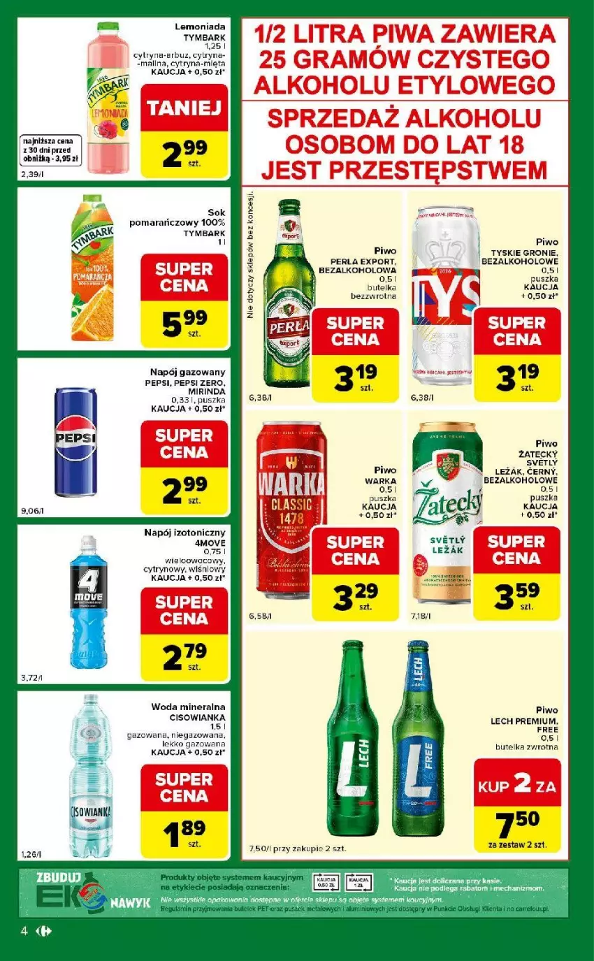 Gazetka promocyjna Carrefour - Gazetka Express - ważna 12.05 do 18.05.2026 - strona 4 - produkty: Arbuz, Cisowianka, Lech Premium, Lemoniada, Mirinda, Napój, Napój gazowany, Napój izotoniczny, Olej, Pepsi, Piwo, Por, Tymbark, Tyskie, Warka, Woda, Woda mineralna