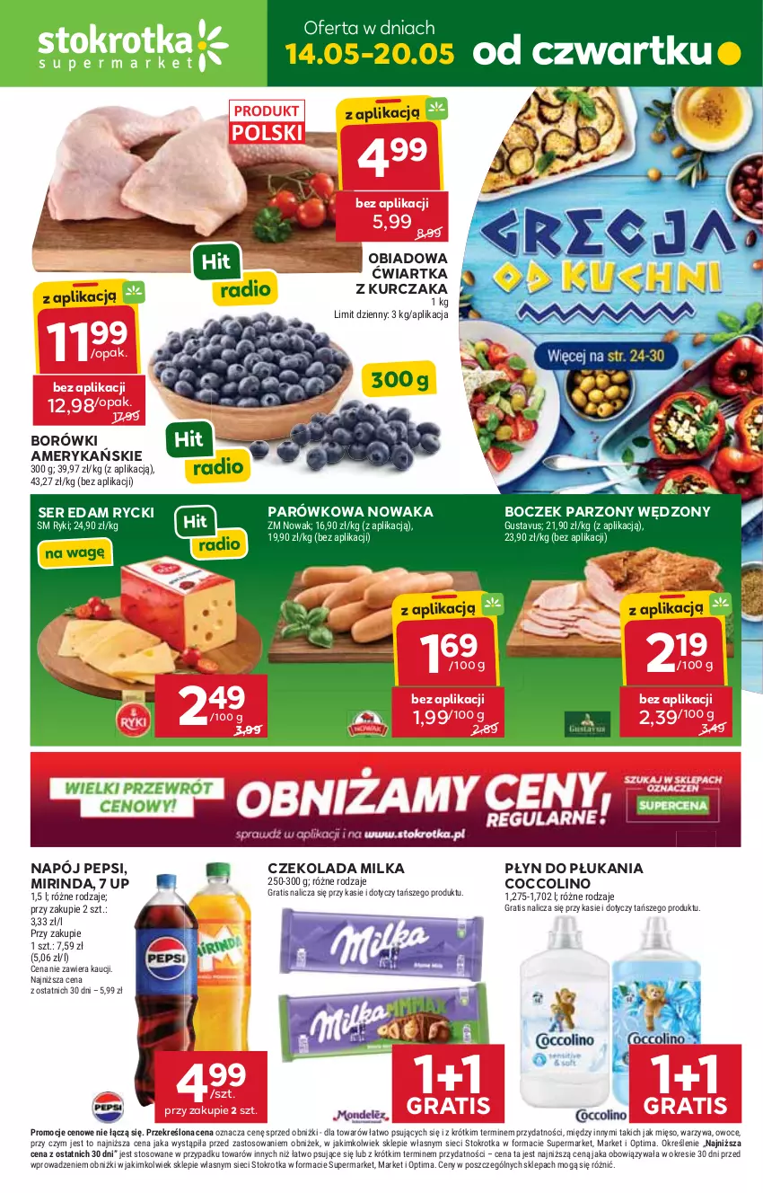 Gazetka promocyjna Stokrotka - Supermarket - ważna 14.05 do 20.05.2026 - strona 1 - produkty: Boczek, Coccolino, Czekolada, Edam, Gra, Kurczak, Mięso, Milka, Mirinda, Napój, NOWAK, Optima, Owoce, Pepsi, Płyn do płukania, Ser, Warzywa