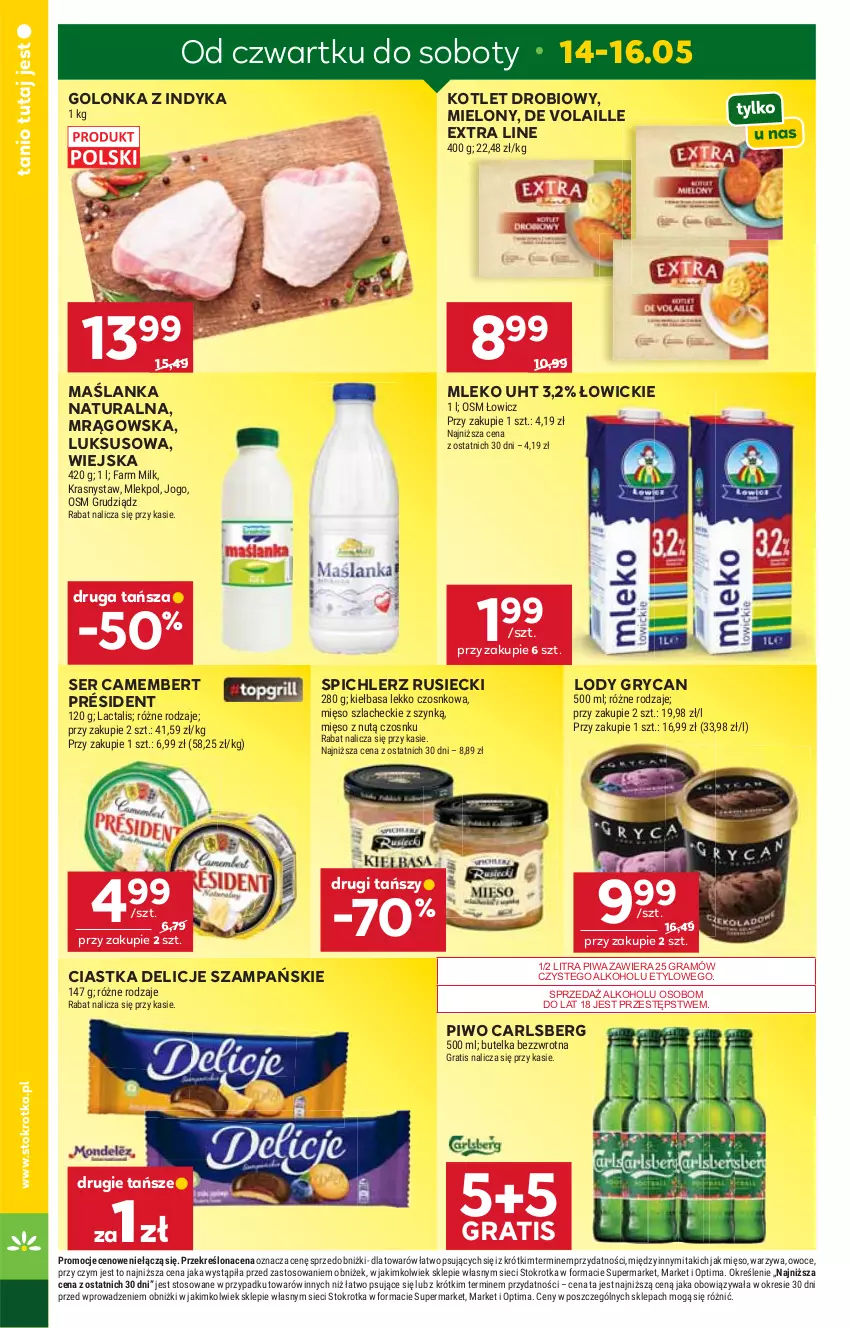Gazetka promocyjna Stokrotka - Supermarket - ważna 14.05 do 20.05.2026 - strona 2 - produkty: Camembert, Carlsberg, Ciastka, Delicje, Fa, Farm Milk, Golonka z indyka, Gra, Gry, Kiełbasa, Kotlet, Lody, Maślanka, Mięso, Mleko, Optima, Owoce, Piwa, Piwo, Président, Ser, Spichlerz Rusiecki, Warzywa