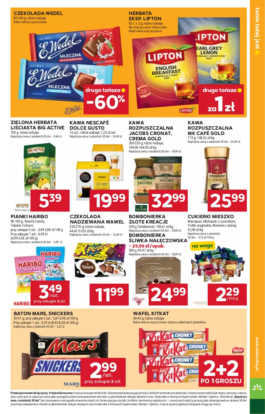 Gazetka promocyjna Stokrotka - Supermarket - ważna 14.05 do 20.05.2026 - strona 21 - produkty: Baton, Brownie, Cukier, Cukierki, Czekolada, Czekolada nadziewana, Dolce Gusto, Fa, Gin, Haribo, Herbata, Jacobs, Kawa, Kawa rozpuszczalna, Lipton, Mars, Mięso, Nescafé, Optima, Owoce, Snickers, Warzywa, Wawel