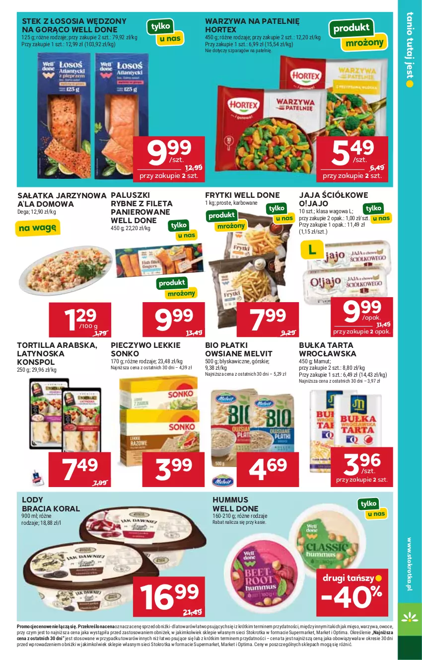 Gazetka promocyjna Stokrotka - Supermarket - ważna 14.05 do 20.05.2026 - strona 23 - produkty: Bułka, Bułka tarta, Dega, Frytki, Hortex, Hummus, Jaja, Lody, Melvit, Mięso, Mus, Optima, Owoce, Paluszki rybne, Piec, Pieczywo, Płatki owsiane, Sałat, Sałatka, Sonko, Sos, Stek, Tarta, Tortilla, Warzywa