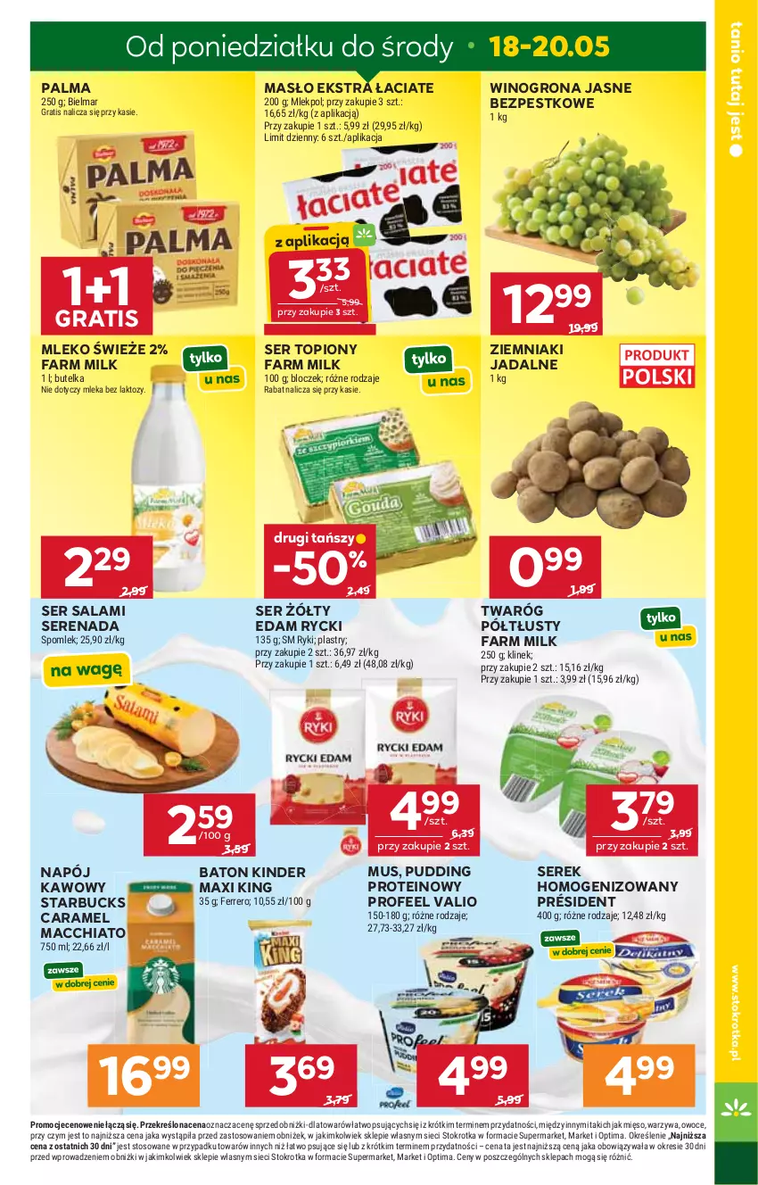 Gazetka promocyjna Stokrotka - Supermarket - ważna 14.05 do 20.05.2026 - strona 5 - produkty: Baton, Chia, Edam, Fa, Farm Milk, Ferrero, Gra, Kinder, Masło, Mięso, Mleko, Mus, Napój, Optima, Owoce, Palma, Président, Pudding, Salami, Ser, Ser salami, Ser topiony, Serek, Serek homogenizowany, Top, Twaróg, Twaróg półtłusty, Warzywa, Wino, Winogrona, Ziemniaki