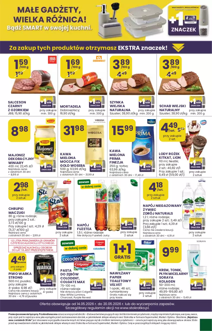 Gazetka promocyjna Stokrotka - Supermarket - ważna 14.05 do 20.05.2026 - strona 6 - produkty: Gra, Kawa, Kawa mielona, Kolagen, Lion, Majonez, Mięso, Napój, Napój niegazowany, Nestlé, Optima, Owoce, Papier, Papier toaletowy, Piwa, Piwo, Prima, Szynka, Tonik, Velvet, Warka, Warzywa, Winiary, Woseba