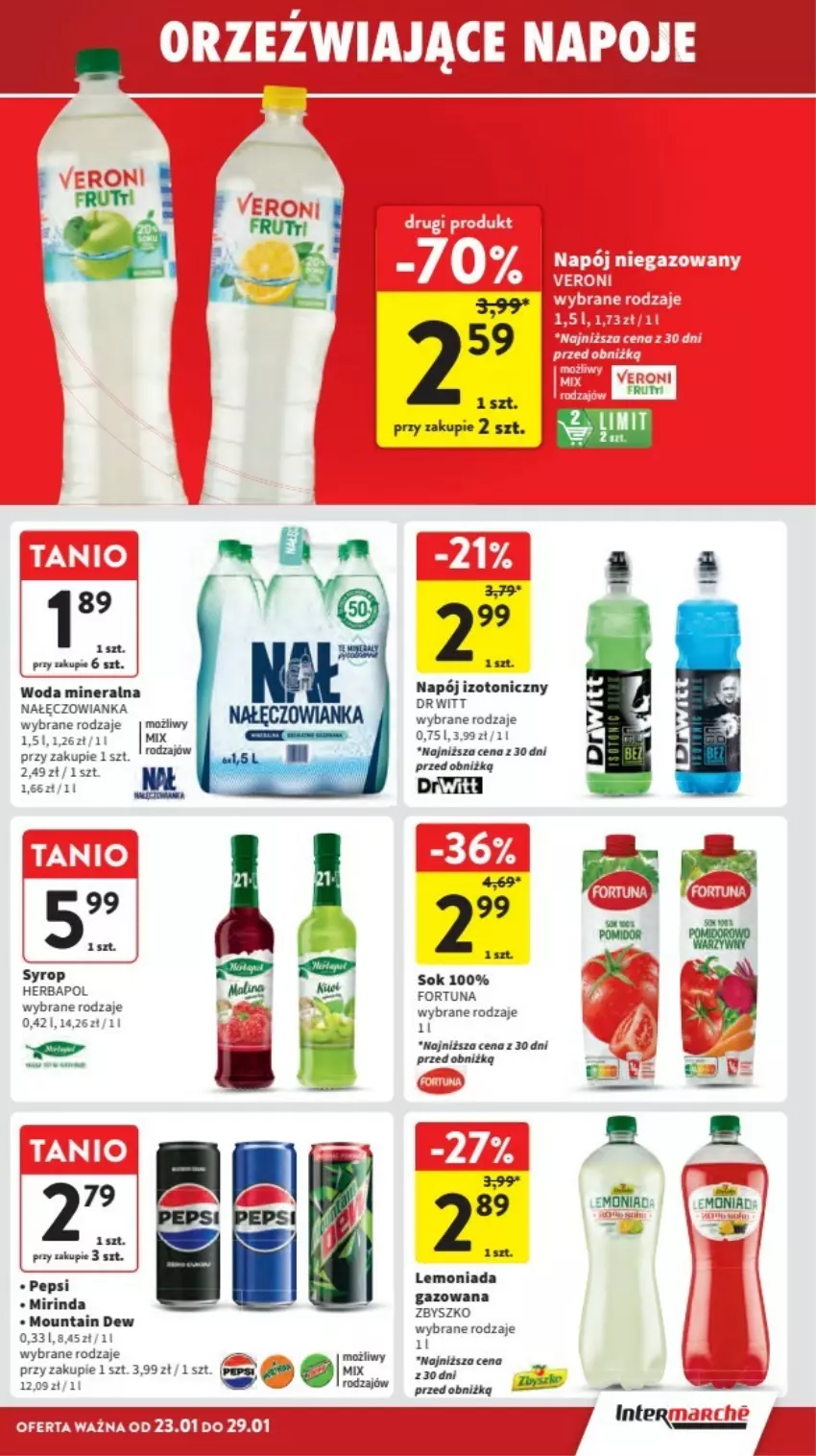 Gazetka promocyjna Intermarche - ważna 23.01 do 29.01.2025 - strona 20 - produkty: Fa, Fortuna, Herbapol, Lemoniada, Mirinda, Nałęczowianka, Napój, Napój izotoniczny, Pupa, Sok, Syrop, Woda, Woda mineralna