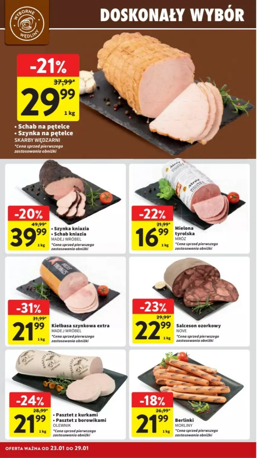 Gazetka promocyjna Intermarche - ważna 23.01 do 29.01.2025 - strona 4 - produkty: Berlinki, Fa, Kiełbasa, Kiełbasa szynkowa, Madej Wróbel, Morliny, Olewnik, Pasztet, Salceson, Szynka