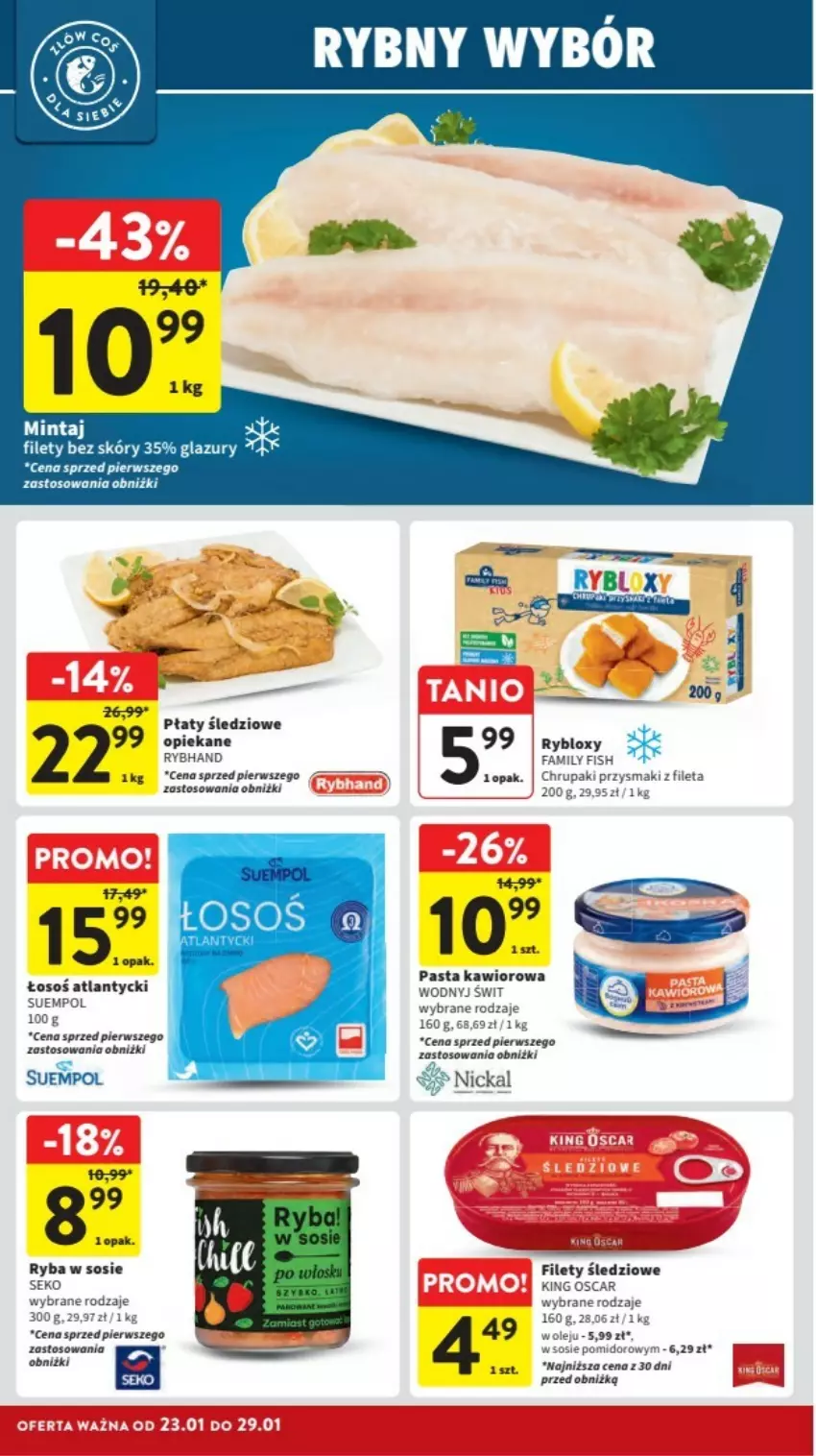 Gazetka promocyjna Intermarche - ważna 23.01 do 29.01.2025 - strona 6 - produkty: Fa, Lazur, Mintaj, Olej, Płaty śledziowe, Przysmaki, Ryba, Sos, Suempol