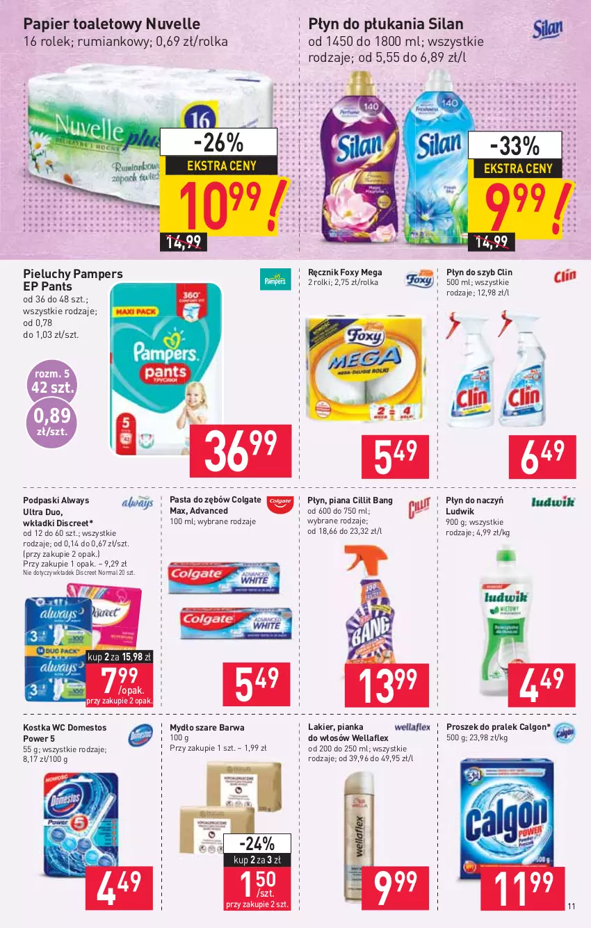 Gazetka promocyjna Stokrotka - Market - ważna 24.06 do 30.06.2021 - strona 11 - produkty: Always, Always Ultra, Calgon, Cillit Bang, Clin, Colgate, Discreet, Domestos, Foxy, Lakier, LG, Ludwik, Mydło, Pampers, Papier, Papier toaletowy, Pasta do zębów, Pianka do włosów, Pieluchy, Płyn do płukania, Płyn do szyb, Podpaski, Ręcznik, Rolki, Rum, Silan, Wella, Wellaflex, Wkładki