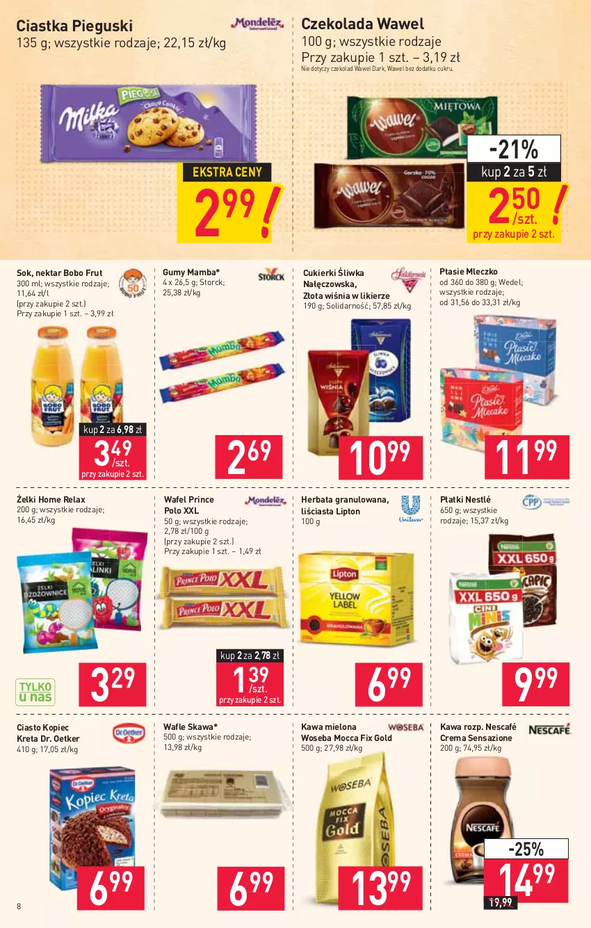 Gazetka promocyjna Stokrotka - Market - ważna 24.06 do 30.06.2021 - strona 8 - produkty: Ciastka, Cukier, Cukierki, Czekolada, Dr. Oetker, Gra, Herbata, Kawa, Kawa mielona, Kopiec Kreta, Kret, Likier, Lipton, Mamba, Mleczko, Mocca Fix Gold, Nektar, Nescafé, Nestlé, Piec, Prince Polo, Ptasie mleczko, Sok, Wafle, Wawel, Woseba