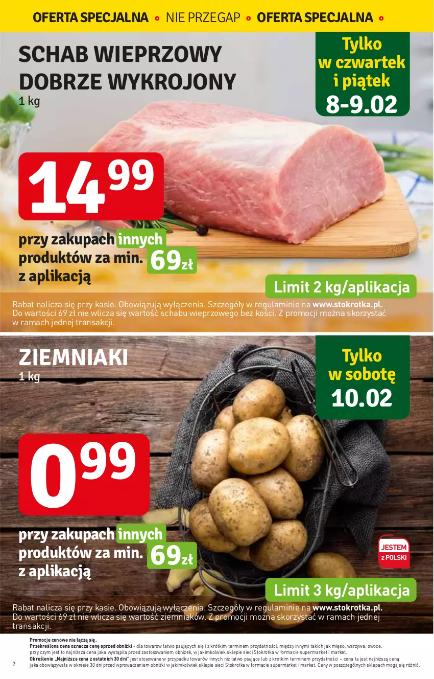 Gazetka promocyjna Stokrotka - Supermarket - ważna 08.02 do 14.02.2024 - strona 2 - produkty: Mięso, Owoce, Rama, Schab wieprzowy, Tran, Warzywa, Ziemniaki