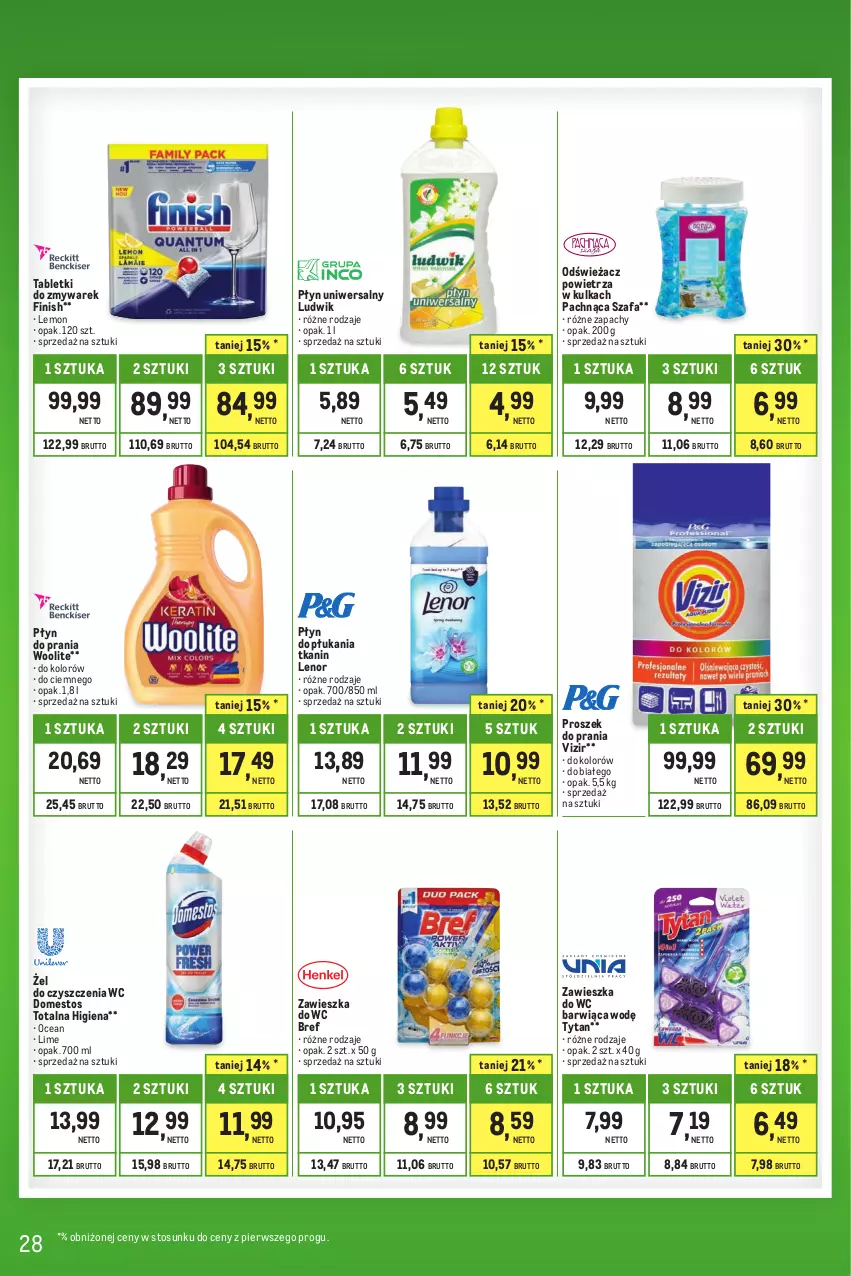 Gazetka promocyjna Makro - Kupujesz więcej płacisz mniej - oferta z alkoholem - ważna 01.08 do 31.08.2023 - strona 28 - produkty: Bref, Domestos, Fa, Finish, Lenor, Ludwik, Odświeżacz powietrza, Płyn do płukania, Płyn do prania, Proszek do prania, Szafa, Tablet, Tytan, Vizir, Woolite, Zawieszka do wc