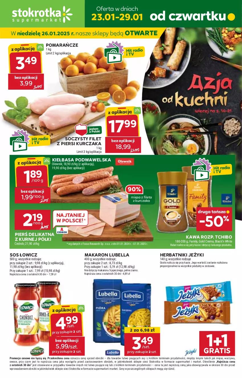 Gazetka promocyjna Stokrotka - Supermarket - ważna 23.01 do 29.01.2025 - strona 1 - produkty: Bell, Bella, Filet z piersi kurczaka, Gra, Herbatniki, HP, Jeżyki, Kawa, Kiełbasa, Kiełbasa podwawelska, Kurczak, Lubella, Makaron, Pomarańcze, Sos, Tchibo, Wawel