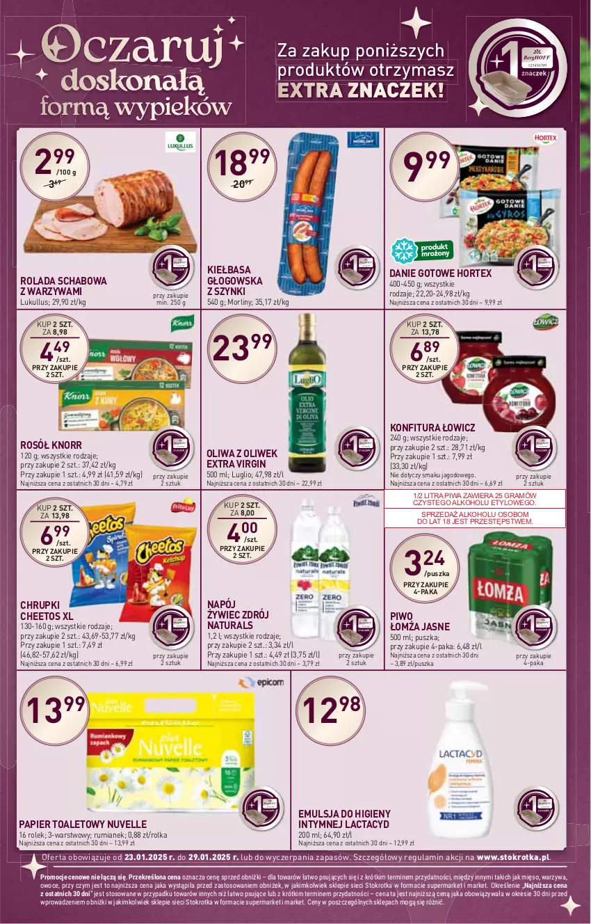 Gazetka promocyjna Stokrotka - Supermarket - ważna 23.01 do 29.01.2025 - strona 10 - produkty: Cheetos, Chrupki, Danie gotowe, Emulsja, Gin, Gra, Hortex, HP, Kiełbasa, Kiełbasa głogowska, Knorr, Konfitura, Lactacyd, Morliny, Napój, Oliwa, Oliwa z oliwek, Papier, Papier toaletowy, Piwa, Piwo, Rolada, Rosół, Rum, Warzywa