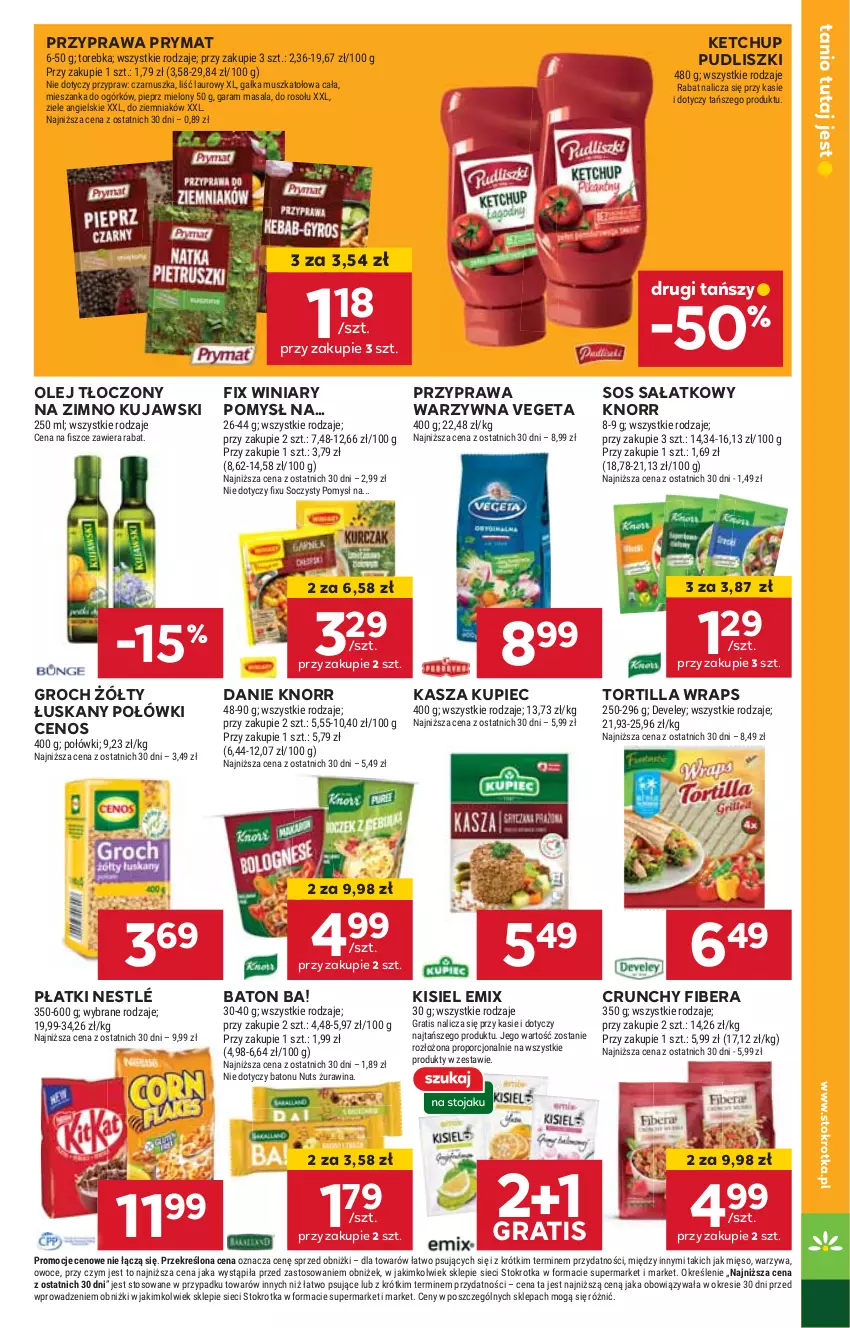 Gazetka promocyjna Stokrotka - Supermarket - ważna 23.01 do 29.01.2025 - strona 23 - produkty: Ba!, Baton, Cenos, Gra, Groch, HP, Kasza, Ketchup, Kisiel, Knorr, Kujawski, Kupiec, Nestlé, Olej, Piec, Prymat, Pudliszki, Sałat, Sos, Tortilla, Vegeta, Winiary