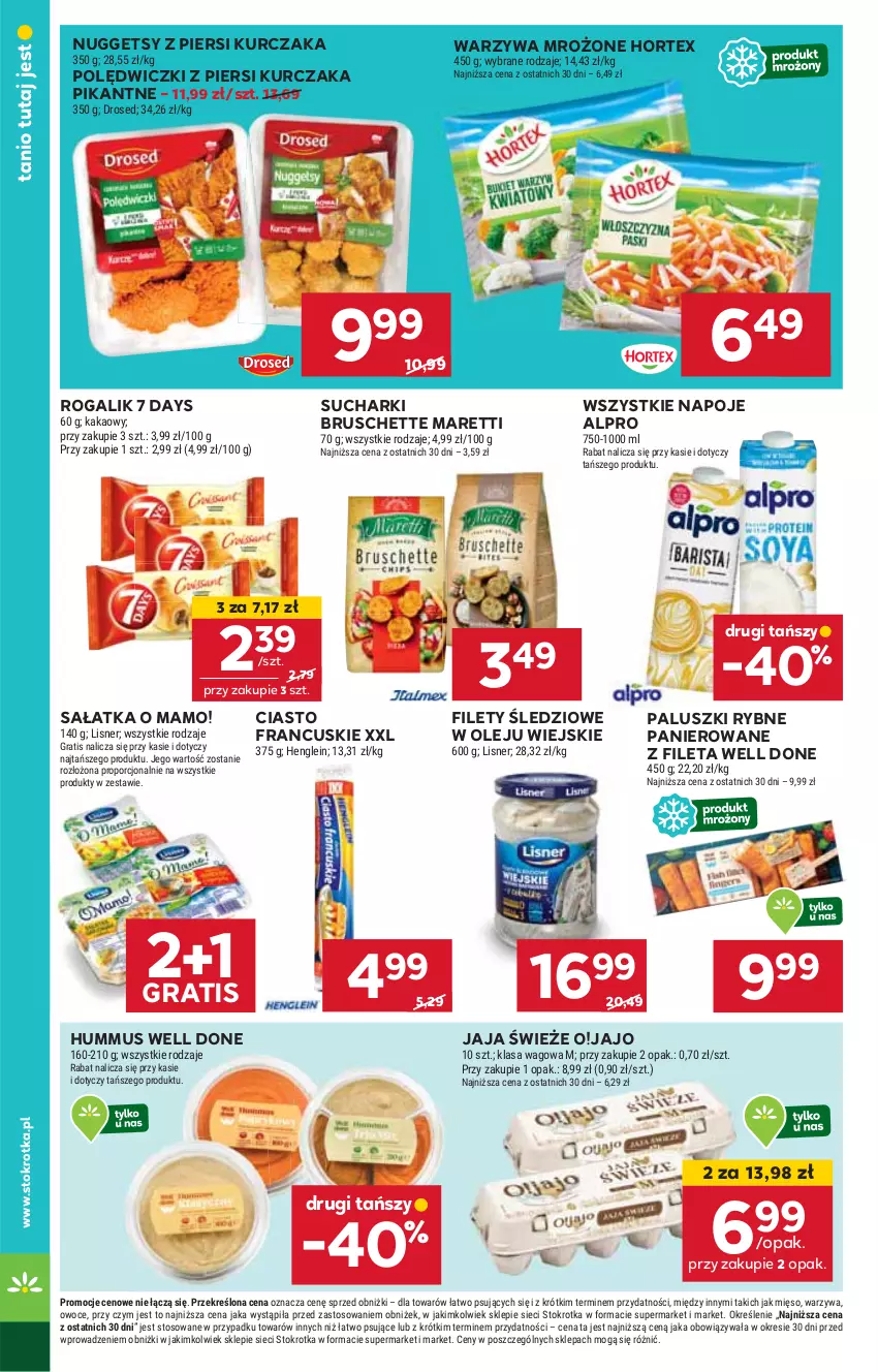 Gazetka promocyjna Stokrotka - Supermarket - ważna 23.01 do 29.01.2025 - strona 24 - produkty: 7 Days, Alpro, Bruschette, Ciasto francuskie, Gra, Hortex, HP, Hummus, Jaja, Kurczak, Mus, Napoje, Olej, Paluszki rybne, Rogal, Sałat, Sałatka, Warzywa