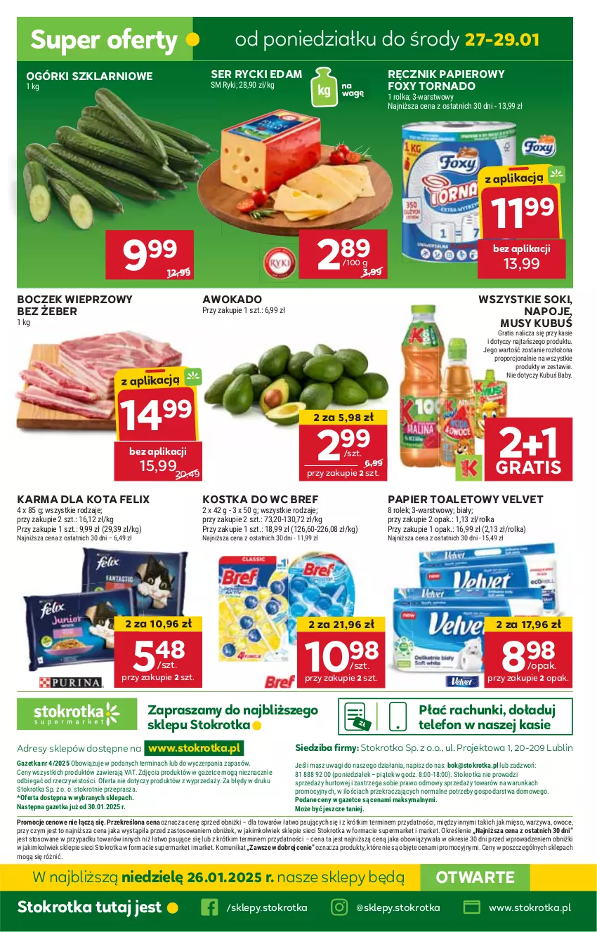 Gazetka promocyjna Stokrotka - Supermarket - ważna 23.01 do 29.01.2025 - strona 30 - produkty: Boczek, Boczek wieprzowy, Bref, Dres, Edam, Felix, Foxy, Gra, HP, JBL, Kostka do wc, Kubuś, Mus, Napoje, Papier, Papier toaletowy, Ręcznik, Rycki Edam, Ser, Sok, Telefon, Velvet